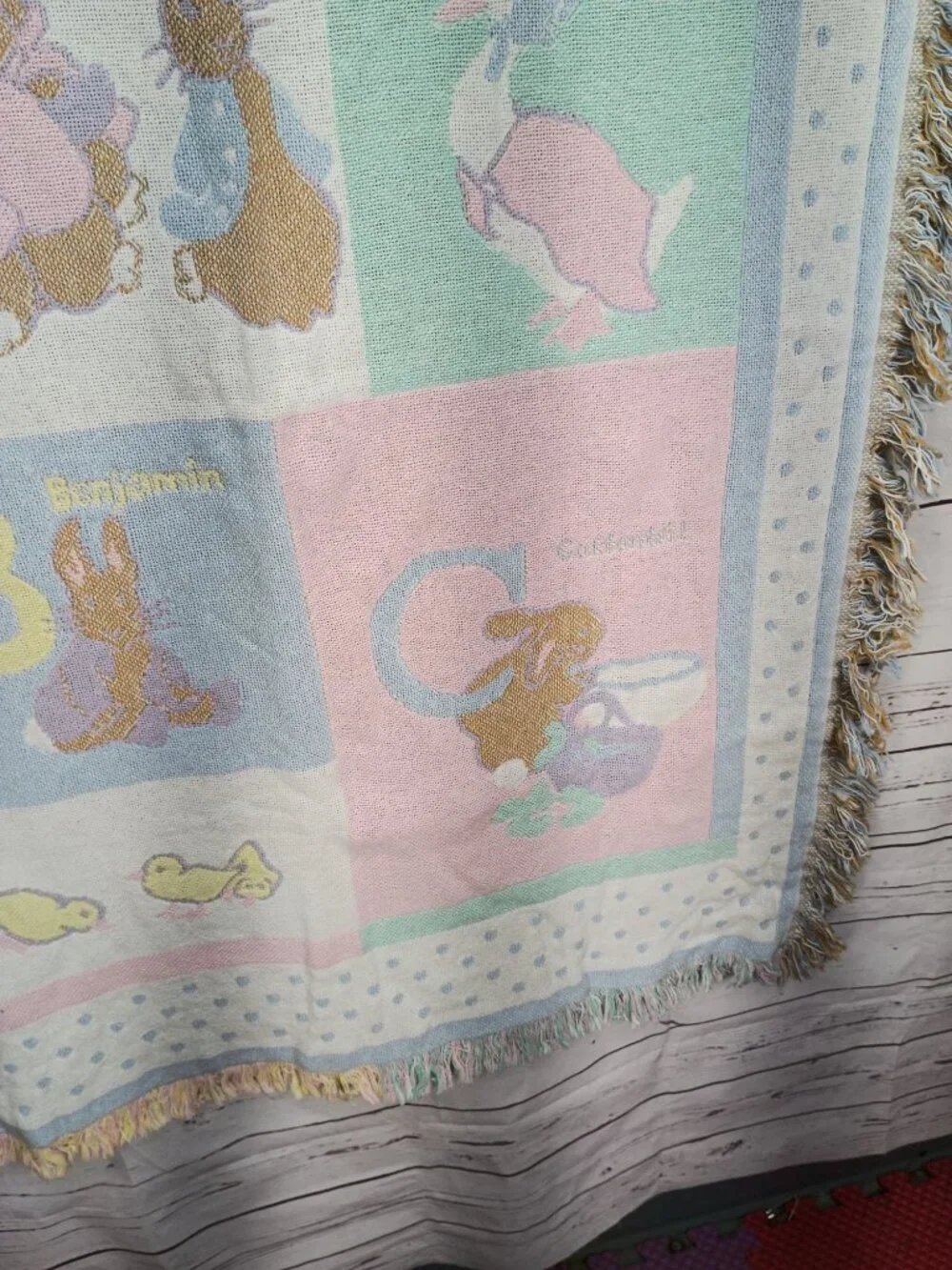 Beatrix Potter Quiltex Alphabet Baby Blanket Pastel Colors Fringe Edge 100% Cott